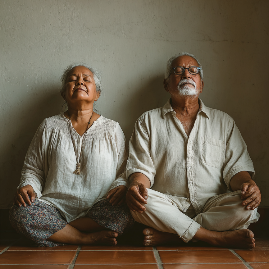 Grupo de adultos mayores practicando yoga en ambiente sereno